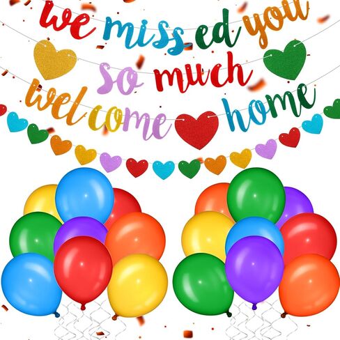 Welcome Home Decorations Welcome Home We Missed You So Much Banner Glitter Garland and Balloons Family Housewarming Party Supplies Military Army Welcome Back Party Decor(Red) in Kuwait