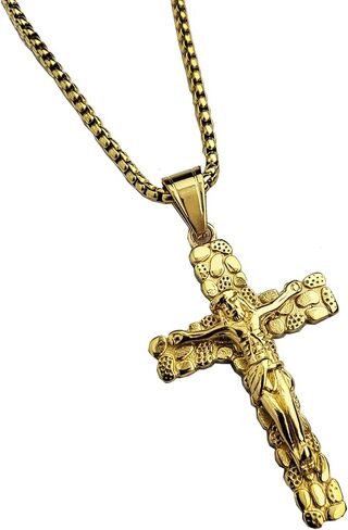 GOLD SILVER FINISH STAINLESS STEEL JESUS BODY NUGGET CROSS PENDANT & 3mm 24" ROLO LINK CHAIN HIP HOP NECKLACE GIFT in Kuwait