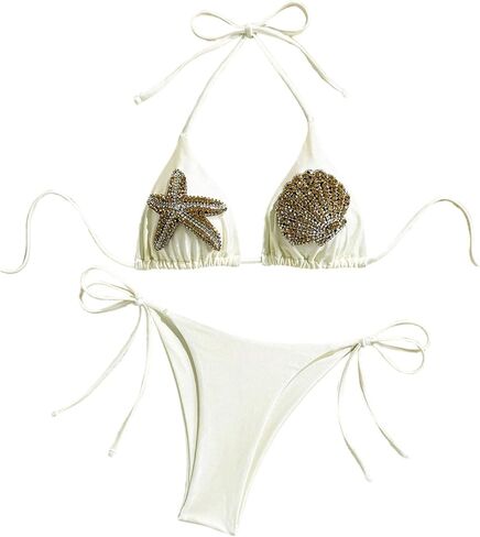 Verdusa Women's 2 Piece Halter Bikini Set Rhinestone Starfish Seashell Tie Backless Swimsuit Vacation Outfit in Saudi Arabia