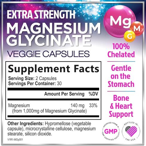 Magnesium Glycinate Supplement 1000mg - 100% Chelated & Purified - to Support Sleep, Heart Health, Muscles, & Bone Strength - Best Absorption Magnesium Glycinate, Bottled in USA - 60 Capsules in Saudi Arabia