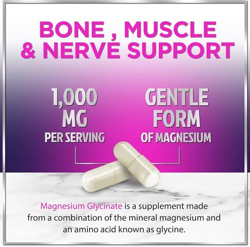 Magnesium Glycinate Supplement 1000mg - 100% Chelated & Purified - to Support Sleep, Heart Health, Muscles, & Bone Strength - Best Absorption Magnesium Glycinate, Bottled in USA - 60 Capsules in Saudi Arabia
