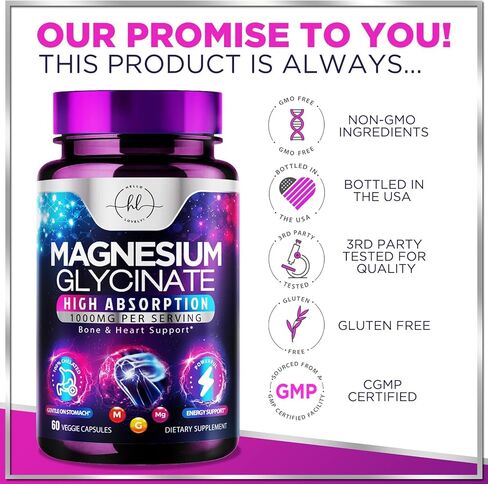 Magnesium Glycinate Supplement 1000mg - 100% Chelated & Purified - to Support Sleep, Heart Health, Muscles, & Bone Strength - Best Absorption Magnesium Glycinate, Bottled in USA - 60 Capsules in Saudi Arabia