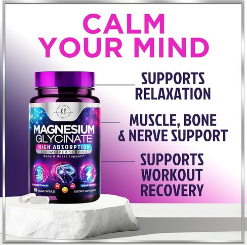 Magnesium Glycinate Supplement 1000mg - 100% Chelated & Purified - to Support Sleep, Heart Health, Muscles, & Bone Strength - Best Absorption Magnesium Glycinate, Bottled in USA - 60 Capsules in Saudi Arabia