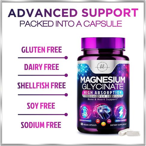 Magnesium Glycinate Supplement 1000mg - 100% Chelated & Purified - to Support Sleep, Heart Health, Muscles, & Bone Strength - Best Absorption Magnesium Glycinate, Bottled in USA - 60 Capsules in Saudi Arabia