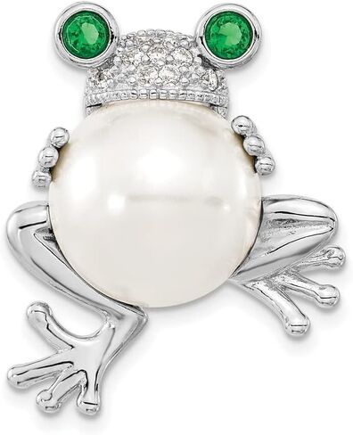 925 Sterling Silver Cheryl M Rhodium-plated Cubic Zirconia and FWC Pearl Frog Pin Pendant (L-27mm, W-24mm) in Saudi Arabia