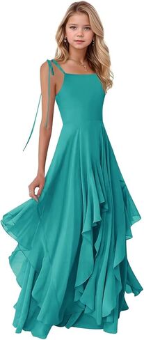 Chiffon Junior Bridesmaid Dress for Wedding Tiered A-Line Spaghetti Strap Ruffles Long Square Neck Flower Girl Dress in Kuwait