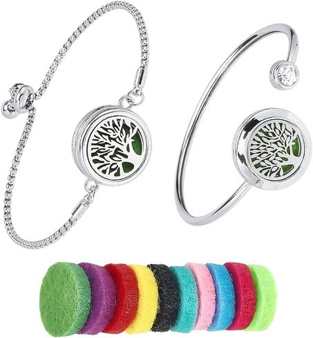 SUNNYCLUE 1 Box 2 Sets Essential Oil Diffuser Bracelets Essential Oil Bracelet Bangles with 10Pcs Refill Pad Tree of Life Stainless Steel Aromatherapy Locket Adjustable Jewelry for Women Gifts Travel in Saudi Arabia