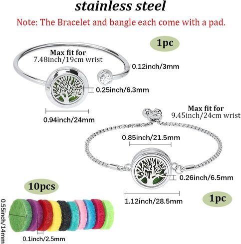 SUNNYCLUE 1 Box 2 Sets Essential Oil Diffuser Bracelets Essential Oil Bracelet Bangles with 10Pcs Refill Pad Tree of Life Stainless Steel Aromatherapy Locket Adjustable Jewelry for Women Gifts Travel in Saudi Arabia