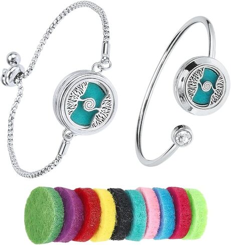 SUNNYCLUE 1 Box 2 Sets Essential Oil Diffuser Bracelets Essential Oil Bracelet Bangles with 10Pcs Refill Pad Tree of Life Stainless Steel Aromatherapy Locket Adjustable Jewelry for Women Gifts Travel in Saudi Arabia