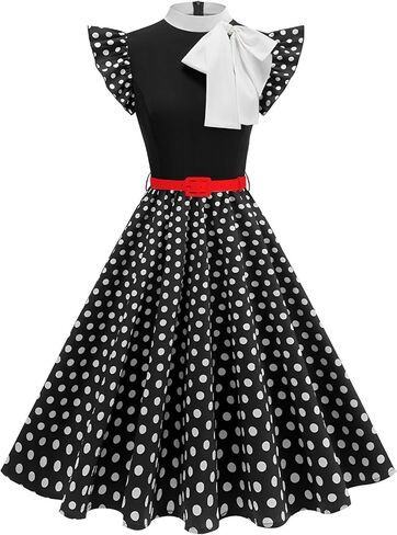 ODIZLI Women's 1950s Retro Dress Flutter Sleeve Bowknot Belted Swing Midi Dress Tea Party Cocktail Dresses in Saudi Arabia