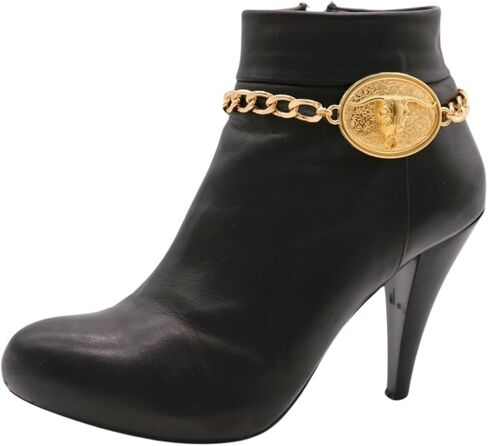 Women’s Gold Boot Chains (Pair) – Adjustable 11–15 in, Oval Long-Horn Concho Charm, Curb Chain Shoe Anklet Set – Western/Country/Rodeo Festival Accessory BC30 in Saudi Arabia