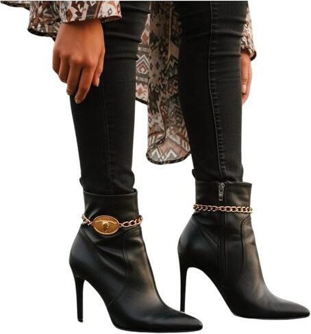 Women’s Gold Boot Chains (Pair) – Adjustable 11–15 in, Oval Long-Horn Concho Charm, Curb Chain Shoe Anklet Set – Western/Country/Rodeo Festival Accessory BC30 in Saudi Arabia