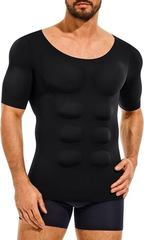 Nebility Padded Mens Compression Shirt - Short Sleeve Men Body Shaper Fake Muscle Shirts Body Builder Suit Removable Pad in Saudi Arabia