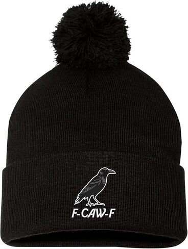 Go All Out Funny Crow F-CAW-F Uncuffed Cuffed Marled Pom Embroidered Knit Beanie Cap in Saudi Arabia