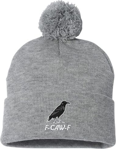 Go All Out Funny Crow F-CAW-F Uncuffed Cuffed Marled Pom Embroidered Knit Beanie Cap in Saudi Arabia