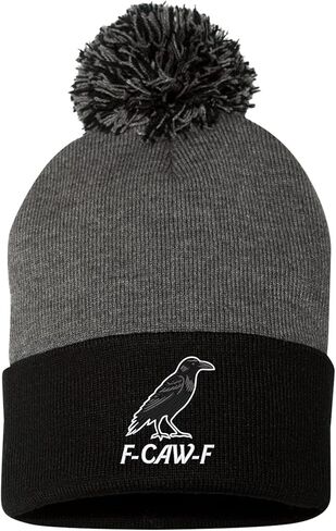 Go All Out Funny Crow F-CAW-F Uncuffed Cuffed Marled Pom Embroidered Knit Beanie Cap in Saudi Arabia