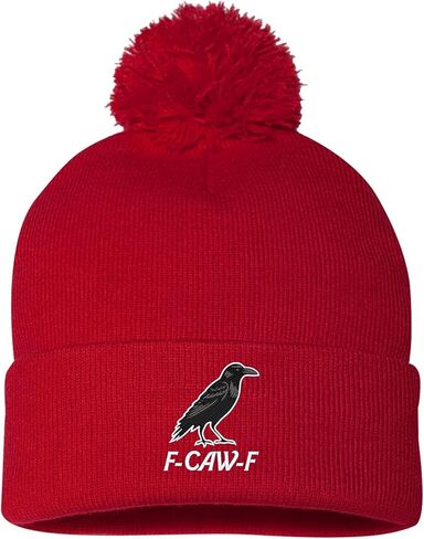 Go All Out Funny Crow F-CAW-F Uncuffed Cuffed Marled Pom Embroidered Knit Beanie Cap in Saudi Arabia