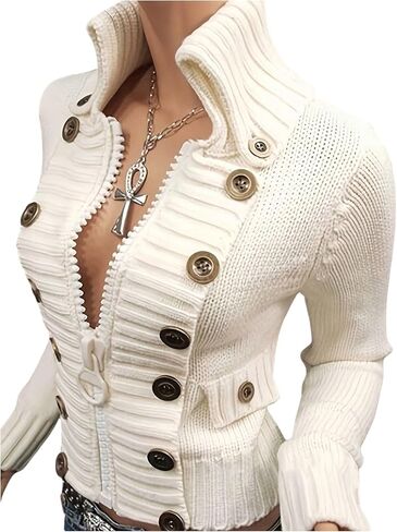 Women's Button Down Zip Up Sweaters Turn Down Neck Long Sleeve Knit Cardigans in Saudi Arabia