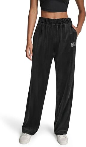 DKNY Womens High Rise Straight Leg Rhinestone Logo Novelty Velour Sweatpant in Saudi Arabia
