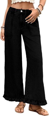 Astylish Wide Leg Jeans for Women Stretch High Wasited Baggy Trendy Denim Jean Ruffle Hem Pants in Saudi Arabia