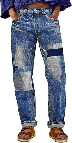Flamingals Straight Leg Mid Waist Jeans for Women Wash Patched Denim Pants with Pockets in Saudi Arabia