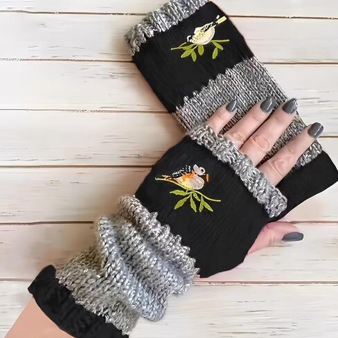 Women's Colorblock Embroidered Half-Finger Gloves - Stretch Knit Wrist Warmers with Floral Embroidery Best Gift in Saudi Arabia