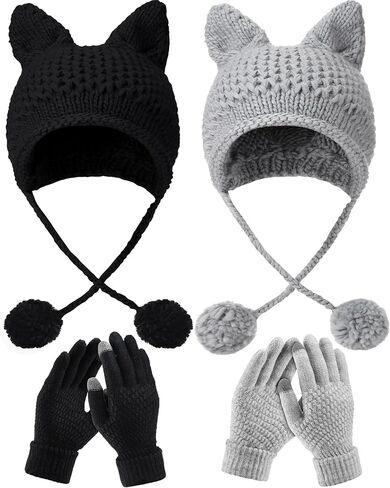 2 Set Cat Ears Beanie Winter Cute Cat Ears Knit Hat with Touch Screen Gloves Ear Flap Crochet Beanie Hat Touchscreen Gloves Winter Knit for Women Light Grey, Black in Saudi Arabia