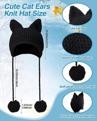 2 Set Cat Ears Beanie Winter Cute Cat Ears Knit Hat with Touch Screen Gloves Ear Flap Crochet Beanie Hat Touchscreen Gloves Winter Knit for Women Light Grey, Black in Saudi Arabia