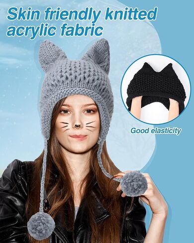 2 Set Cat Ears Beanie Winter Cute Cat Ears Knit Hat with Touch Screen Gloves Ear Flap Crochet Beanie Hat Touchscreen Gloves Winter Knit for Women Light Grey, Black in Saudi Arabia