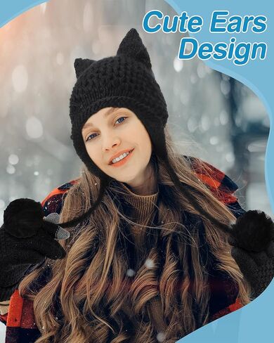 2 Set Cat Ears Beanie Winter Cute Cat Ears Knit Hat with Touch Screen Gloves Ear Flap Crochet Beanie Hat Touchscreen Gloves Winter Knit for Women Light Grey, Black in Saudi Arabia