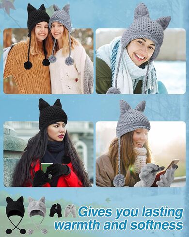 2 Set Cat Ears Beanie Winter Cute Cat Ears Knit Hat with Touch Screen Gloves Ear Flap Crochet Beanie Hat Touchscreen Gloves Winter Knit for Women Light Grey, Black in Saudi Arabia