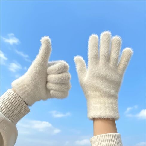 White Plush Winter Gloves, Soft Fleece-Lined Five-Finger Design for Cold Weather Protection in Saudi Arabia