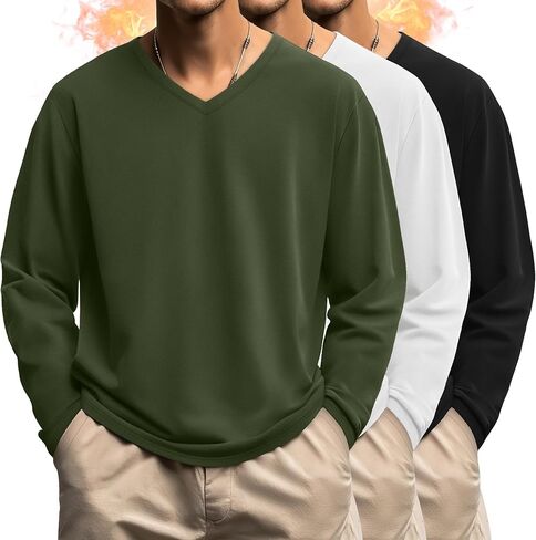 3 Pack Men's Big and Tall Shirts Thermal Fleece Lined Long Sleeve Tops V Neck Sweatshirts Base Layer Tees Winter in Saudi Arabia