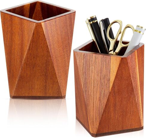 Henoyso 2 Pcs Bamboo Pen Pencil Holder Geometric Pencil Cup Pencil Holder for Desk Wood Pencil Holder Geometric Pencil Stand Bamboo Makeup Organizer for Pen Holder Desk School Home Office Adults Kids in Saudi Arabia