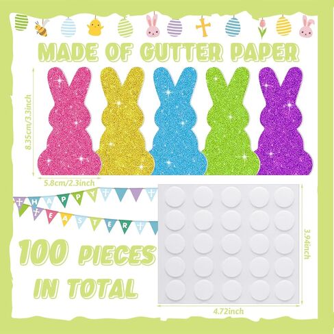 100 Pcs Easter Glitter Bunny Cutouts Card Colorful Rabbit Paper Cutouts Spring Easter Bunny Decoupage Bulletin Board Decor Bunny DIY Crafts for Kids School Classroom Decorations in Saudi Arabia