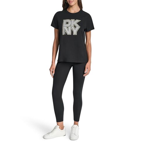 DKNY Womens Mixed Metal Stacked Glitter Logo Short Sleeve T-Shirt in Saudi Arabia