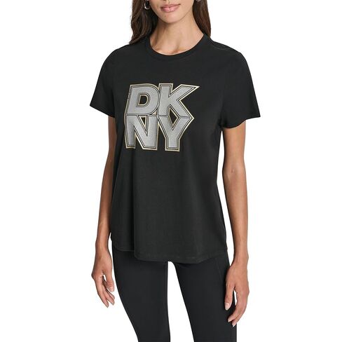 DKNY Womens Mixed Metal Stacked Glitter Logo Short Sleeve T-Shirt in Saudi Arabia