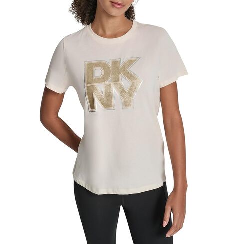 DKNY Womens Mixed Metal Stacked Glitter Logo Short Sleeve T-Shirt in Saudi Arabia