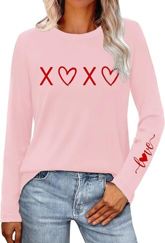 Valentines Shirts for Women Valentines Day T-Shirt Heart Long Sleeve Tee Tops in Saudi Arabia