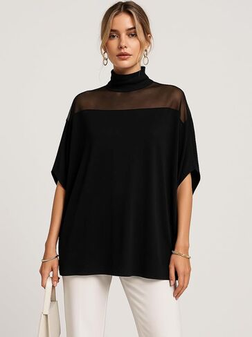 Flowy Tops for Women Casual Mesh Mock Neck Batwing Sleeve Shirts Loose Blouses in Saudi Arabia