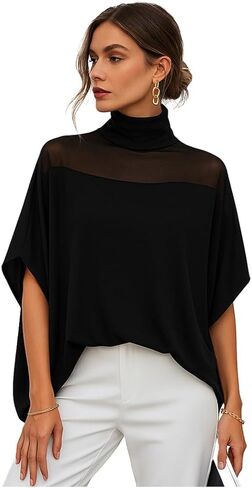 Flowy Tops for Women Casual Mesh Mock Neck Batwing Sleeve Shirts Loose Blouses in Saudi Arabia