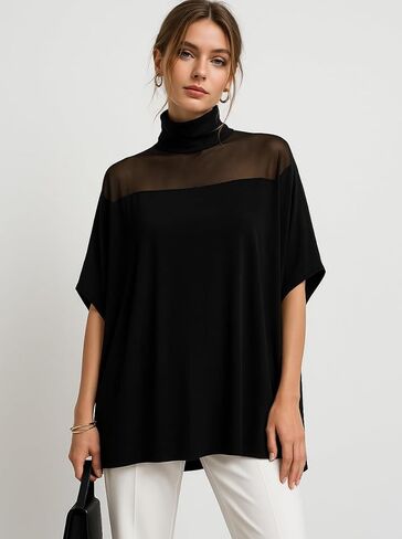 Flowy Tops for Women Casual Mesh Mock Neck Batwing Sleeve Shirts Loose Blouses in Saudi Arabia