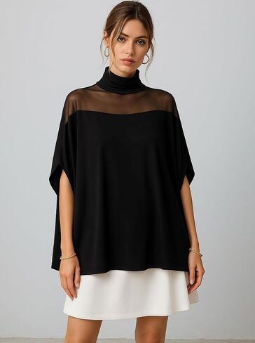Flowy Tops for Women Casual Mesh Mock Neck Batwing Sleeve Shirts Loose Blouses in Saudi Arabia