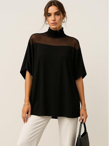 Flowy Tops for Women Casual Mesh Mock Neck Batwing Sleeve Shirts Loose Blouses in Saudi Arabia