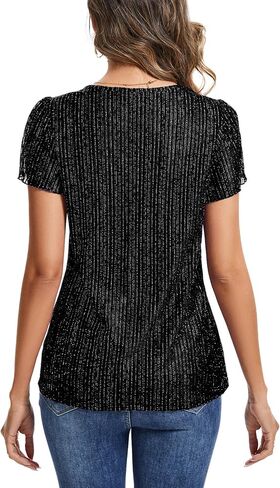 Womens Glitter Tops Short Sleeve Dressy V Neck Sparkly Casual Double Layers Shirts in Saudi Arabia