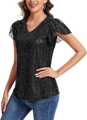 Womens Glitter Tops Short Sleeve Dressy V Neck Sparkly Casual Double Layers Shirts in Saudi Arabia
