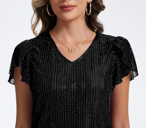 Womens Glitter Tops Short Sleeve Dressy V Neck Sparkly Casual Double Layers Shirts in Saudi Arabia