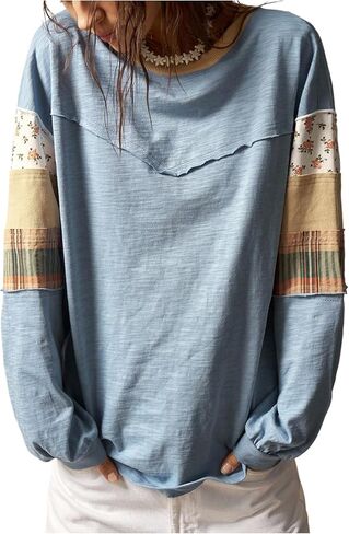 تي شيرت نسائي من SOLY HUX بوهو مزين بالزهور ورقبة دائرية وأكمام طويلة مرقعة كاجوال فضفاض in Kuwait