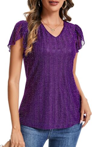 Womens Glitter Tops Short Sleeve Dressy V Neck Sparkly Casual Double Layers Shirts in Saudi Arabia