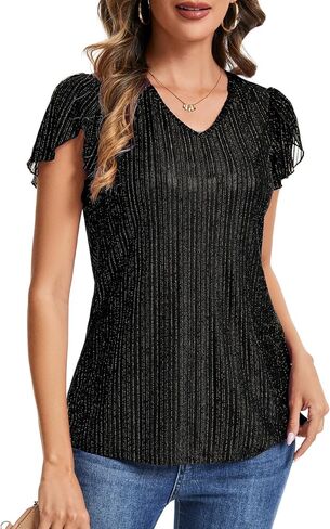 Womens Glitter Tops Short Sleeve Dressy V Neck Sparkly Casual Double Layers Shirts in Saudi Arabia